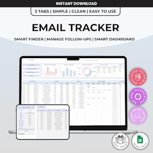 May include: A laptop and tablet display an email tracker template. The screen shows data charts and a spreadsheet layout. Text on the screen includes "Email Tracker", "Smart Finder", and "Manage Follow-Ups". Additional icons indicate beginner-friendly, reusable, and access to any devices.