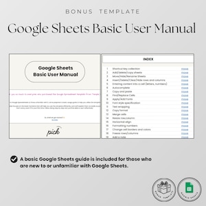 May include: A digital Google Sheets Basic User Manual template featuring an index with nineteen numbered topics including shortcut keys, cell formatting, and data management. The document includes a welcome message and a link to get started.
