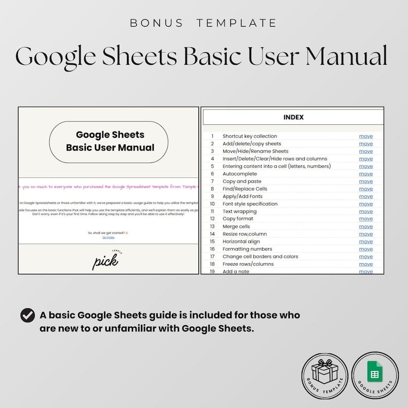 May include: A digital Google Sheets Basic User Manual template featuring an index with nineteen numbered topics including shortcut keys, cell formatting, and data management. The document includes a welcome message and a link to get started.