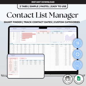 Puede incluir: Un portátil que muestra una plantilla de hoja de cálculo "Contact List Manager". La pantalla muestra tablas de datos, gráficos y el texto "DESCARGA INSTANTÁNEA". El texto adicional incluye "2 PESTAÑAS | SIMPLE | PASTEL | FÁCIL DE USAR" y "SMART FINDER | SEGUIMIENTO DE FECHAS DE CONTACTO | CATEGORÍAS PERSONALIZADAS".