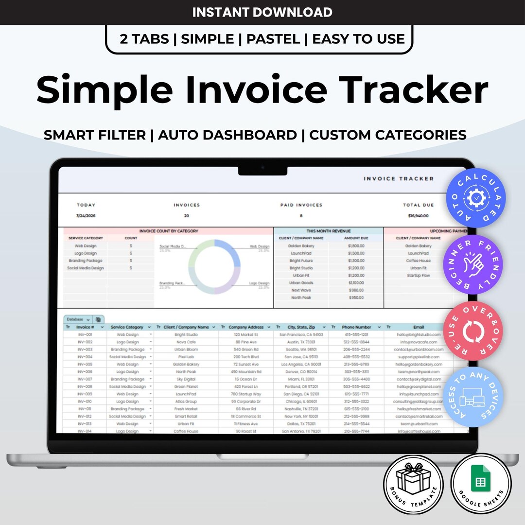 Invoice Tracking Report Simple Invoice Tracker, Google Sheets Invoice Template, Track Payments ...
