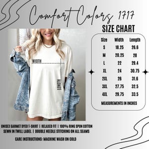 May include: Cream-colored unisex garment-dyed t-shirt with a relaxed fit. The image includes a size chart with measurements in inches, ranging from S to 4XL. The shirt is made of 100% ring-spun cotton and features double-needle stitching. Care instructions: machine wash on cold.