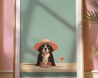 May include: Framed art print featuring a Bernese Mountain Dog wearing sunglasses and a pink sun hat, with a cocktail. The dog is depicted against a light blue background, with a tan bar and a pink wall. The artwork is in a gold frame.