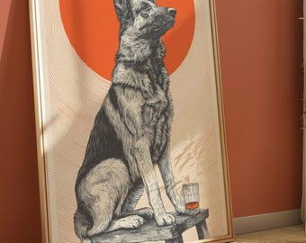 Tryck med schäferhund och whiskyhund – väggkonst i vintagestil i pubstil