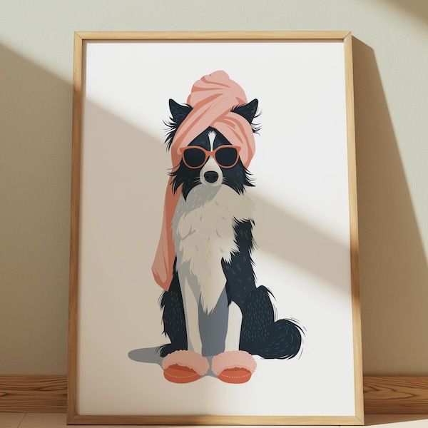 Funny Border Collie Spa Day Print: Vintage Style Dog Art