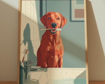 Red Labrador Bathroom Art Print – Funny Dog Brushing Teeth
