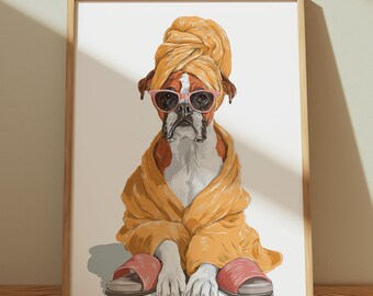 Arte mural vintage de perro bóxer en un spa, dibujo de perro relajado con gafas de sol (tamaños A5-A1, impresión de alta calidad)