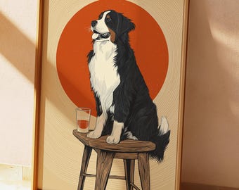 May include: Framed art print featuring a Bernese Mountain Dog sitting on a wooden stool with a glass of liquid. The dog is black, white, and brown, set against a beige background with an orange circle. The frame is wooden.
