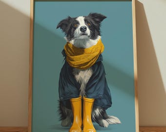 Border Collie Print, Wellies Dog Portrait, Farmhouse Wall Art
