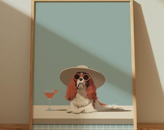 King Charles Cavalier Spaniel Cocktail Print – Poolside Dog Wall Art, Home Bar Decor