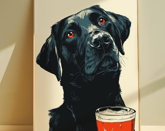 Poster di birra Labrador nero: divertente stampa artistica di un cane in stile vintage