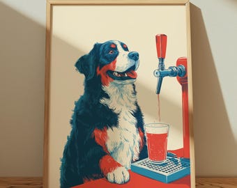 May include: A framed art print featuring a Bernese Mountain Dog with a red and black color scheme. The dog is sitting at a bar, looking at a beer tap pouring a drink into a glass. The print has a vintage, illustrative style.