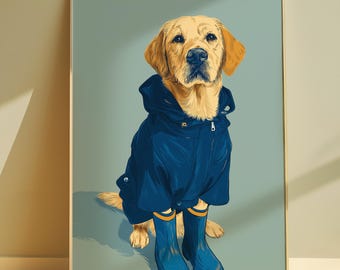 Lámina artística de Labrador amarillo: Retriever juguetón con impermeable, regalo para amantes de los perros.
