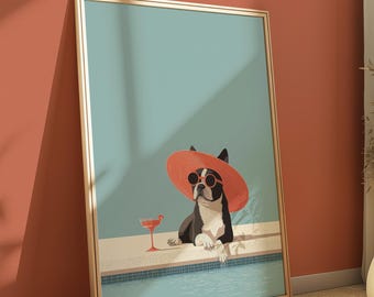 Boston Terrier Cocktail Print – Poolside Dog Wall Art, Modern Bar Decor