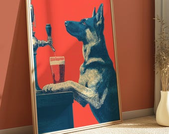 Tysk herdehund, bartendertryck – Retro hundbarkonst, djärva färger, present till hundälskare