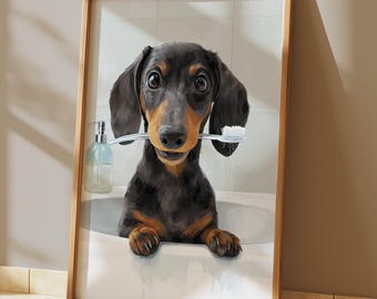 Dackel Zähneputzen Print - Lustiger Badezimmer Hund Kunst