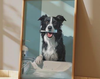 Border Collie Brushing Teeth Art Print – Funny Dog Bathroom Decor