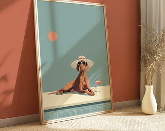 Vizsla Dog Cocktail Print – Relaxed Poolside Wall Art, Modern Home Bar Decor