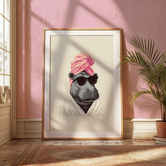 Funny Spa Hippo Wall Art: Playful Animal Illustration, Pink Towel Theme (Multiple Sizes, Bathroom & Wellness Space Decor)