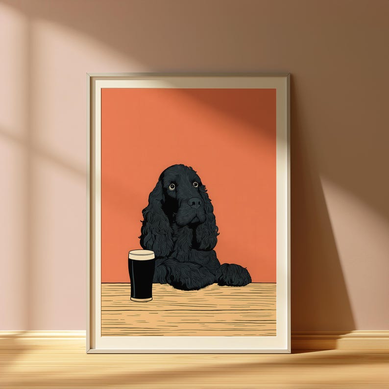 Black Cocker Spaniel Bar Print – Dog Lover, Irish Stout, Retro ...