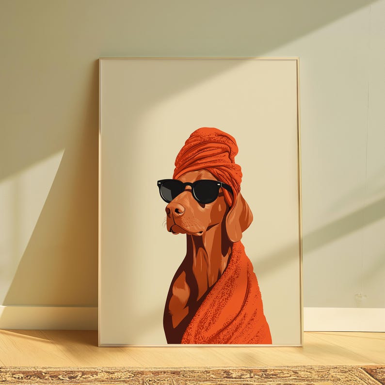 May include: Art print of a Vizsla dog wearing black sunglasses and an orange turban and towel. The dog is depicted in a relaxed pose, with a neutral background. The artwork has a modern, minimalist style.