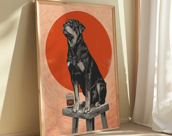 Plakat z zabawnym hokerem barowym dla szczeniaka rottweilera z nadrukiem whisky