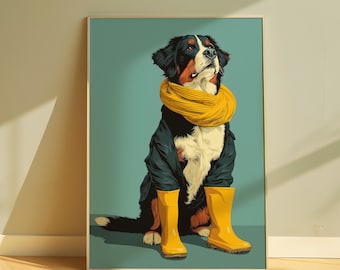 Konsttryck av Berner Sennenhund – Säregen hund i gummistövlar