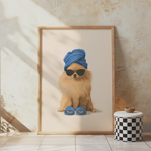 Quadro decorativo para banheiro com um Pomeranian azul, estampa fofa de cachorro, ideal para um dia de spa.