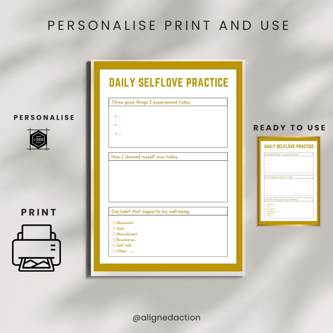 Daily Self Love Worksheet, Printable Self Care Reflection, Gentle ...