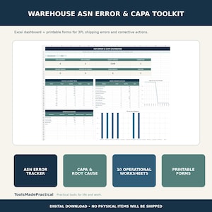 May include: A digital warehouse ASN error and CAPA toolkit featuring an Excel dashboard with data tables, charts, and summary metrics. The interface includes sections for error tracking, root cause analysis, operational worksheets, and printable forms.
