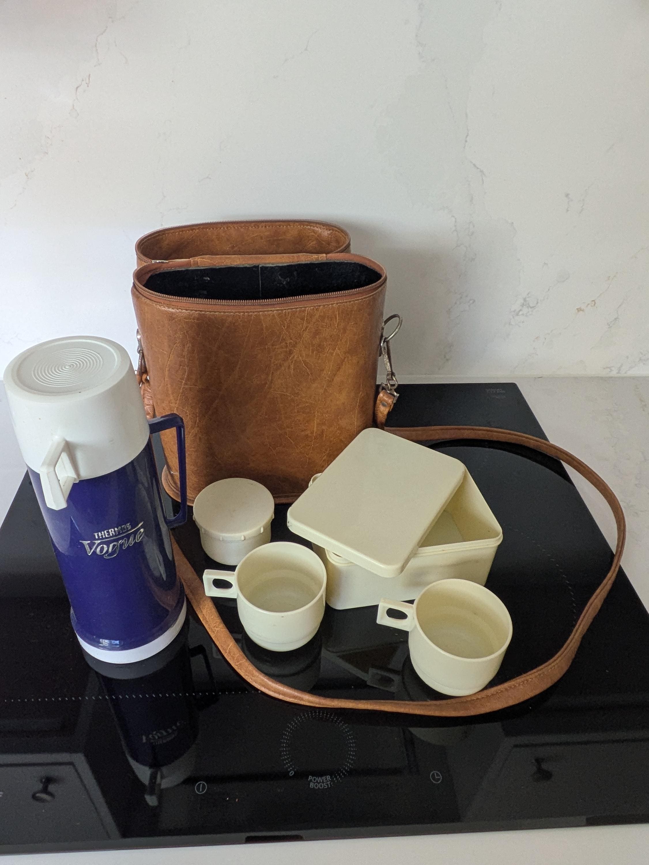 Sac Isotherme Vintage Thermos Week-end Picnic Avec Couverts Et Assiettes, Bleu