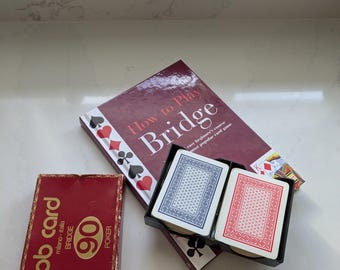 Livro de instruções e cartas de baralho vintage para bridge