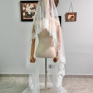Ivory Blusher Veil Floor Chapel Chantilly Lace Bridal Wedding Veil, 2 Tier Veil with Blusher, Mantilla Scalloped Edge Drop Veil with Comb image 2