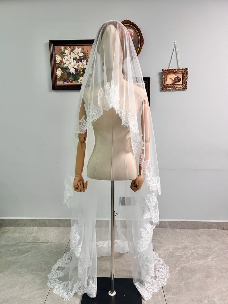 Ivory Blusher Veil Floor Chapel Chantilly Lace Bridal Wedding Veil, 2 Tier Veil with Blusher, Mantilla Scalloped Edge Drop Veil with Comb image 2