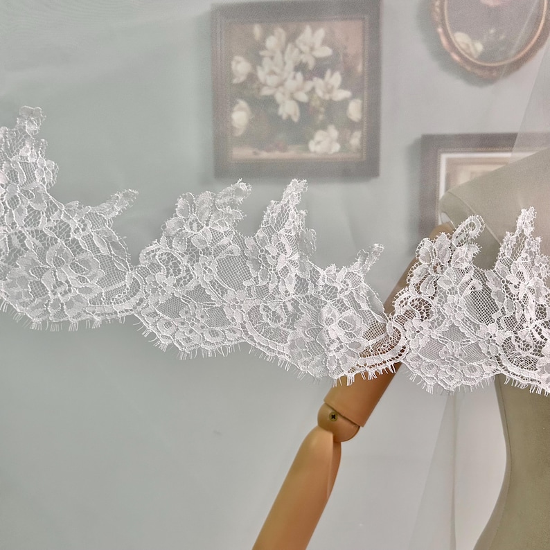Ivory Blusher Veil Floor Chapel Chantilly Lace Bridal Wedding Veil, 2 Tier Veil with Blusher, Mantilla Scalloped Edge Drop Veil with Comb image 5