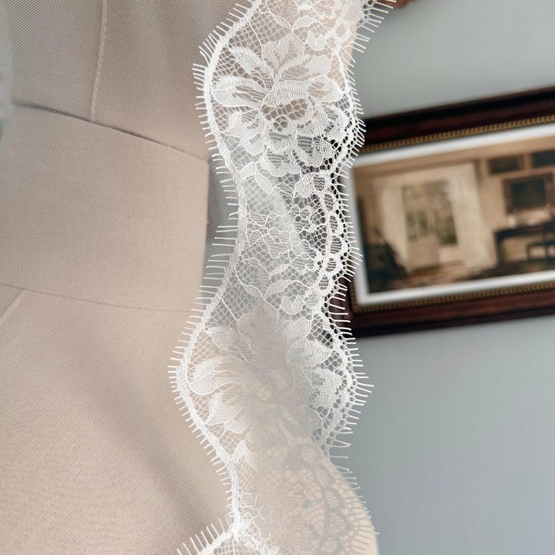 May include: Close-up of white lace trim with a floral design. The lace has a scalloped edge and is displayed on a mannequin. The background includes a framed picture and a neutral wall.