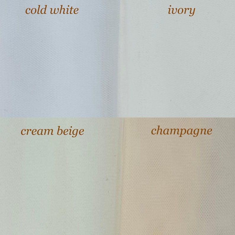 May include: A fabric swatch image displaying four different shades of tulle: cold white, ivory, cream beige, and champagne. The text labels each color. The tulle has a fine, net-like texture, and the colors range from bright white to a warm, light beige.