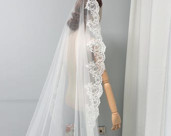Lange Elfenbein-elegante Mantilla Schleier Perlen Florale Spitze Ausgebogter Rand Fingerspitze Kamm Braut Hochzeit Schleier