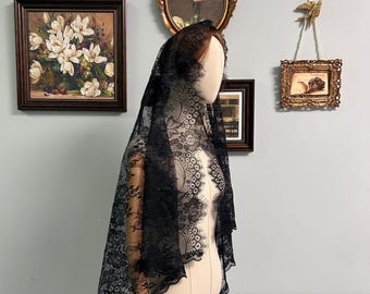 Coiffe de cérémonie vintage voile de dentelle noire avec bordure en dentelle délicate, voile de Noël