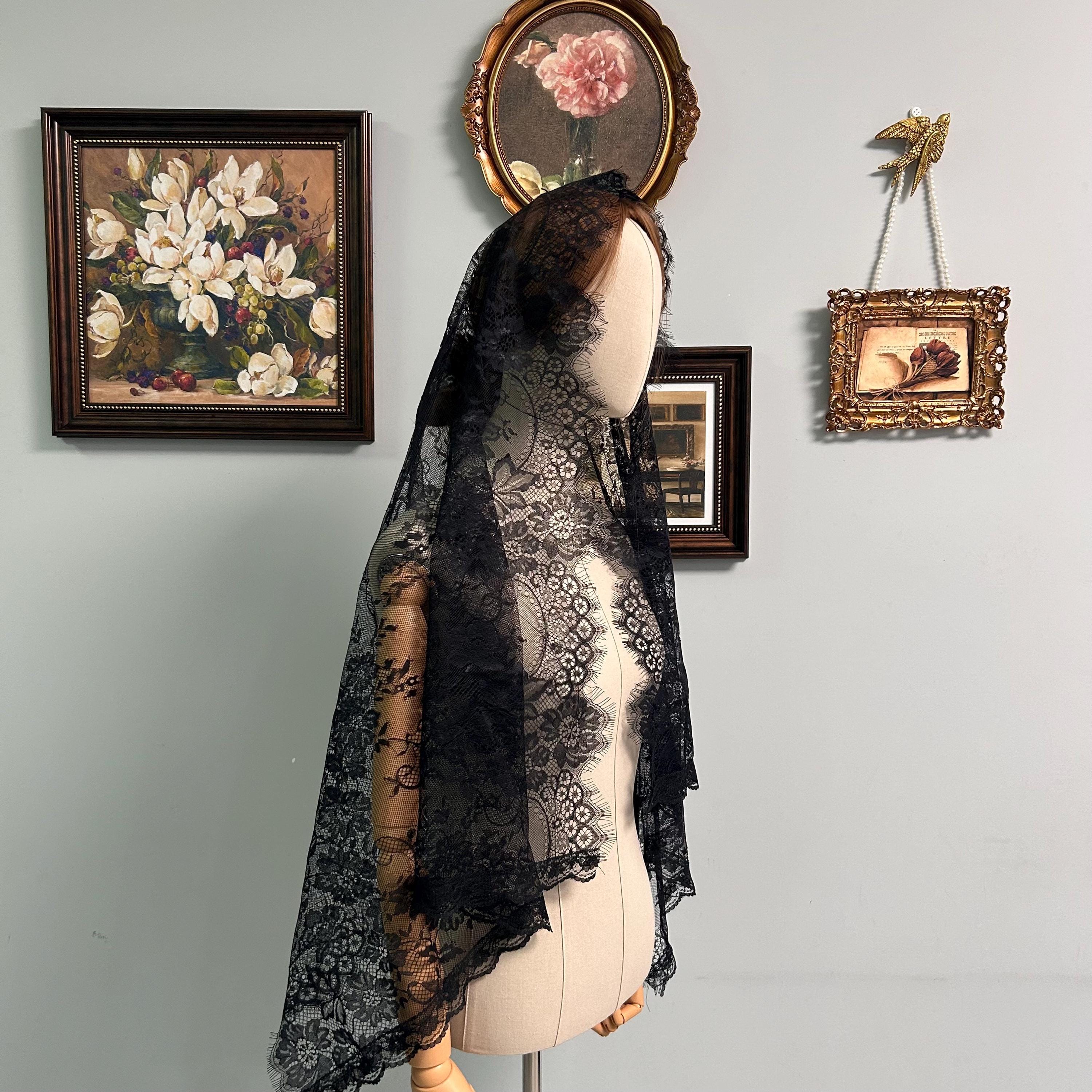 Black Lace Veil Vintage Ceremony Headpiece with Delicate Lace Trim,…