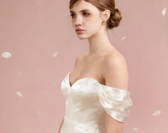 Elfenbein Braut Ärmel Abnehmbarer Satin Brautkleid Trägern Off-Shoulder Ärmeln