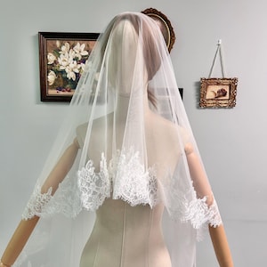 Ivory Blusher Veil Floor Chapel Chantilly Lace Bridal Wedding Veil, 2 Tier Veil with Blusher, Mantilla Scalloped Edge Drop Veil with Comb image 1