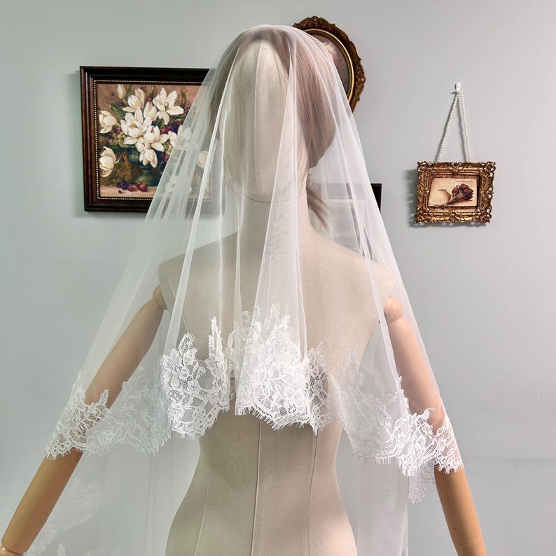 Ivory Blusher Veil Floor Chapel Chantilly Lace Bridal Wedding Veil, 2 Tier Veil with Blusher, Mantilla Scalloped Edge Drop Veil with Comb image 1