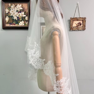 May include: A white bridal veil with delicate lace trim is draped over a mannequin. The veil is long and flowing, with intricate lace detailing along the edges. The mannequin is positioned in front of a wall with framed artwork.