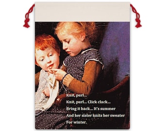 Sisters Knitting Huge Gift Bag | Vintage Children Artwork, Cozy Winter Poem