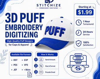 3D Puff Embroidery Digitizing Service | Puff Logo Digitizing | Custom 3D Foam Hat Embroidery | DST PES  EXP VP3 Files | 1 Hour Delivery