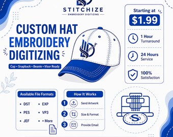 Custom Hat Embroidery Digitizing Service | Cap Logo | PES  DST EXP VP3 Files | Snapback, Trucker & Beanie Embroidery | 1 Hour Delivery