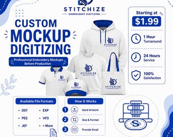 Custom Embroidery Mockup | Embroidery Logo Mockup | Hoodie T-Shirt Cap Polo Tote Bag Mockup | Embroidery Preview | Digital Mockup Service