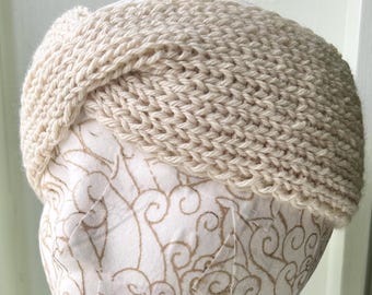Wool headband ear warmer ivory handknit, size Small