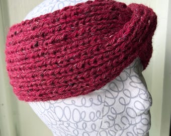 Wool tweed headband ear warmer red crimson handknit, size Small
